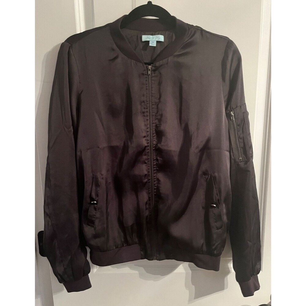 She + Sky Silky Black Bomber Jacket Size Medium